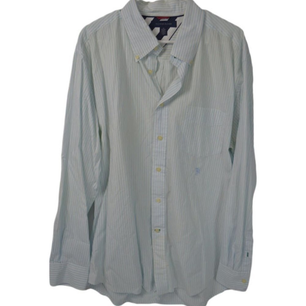 TOMMY HILFIGER Men’s Blue / White Stripe Dress Shirt Button Down Collar Size: XL
